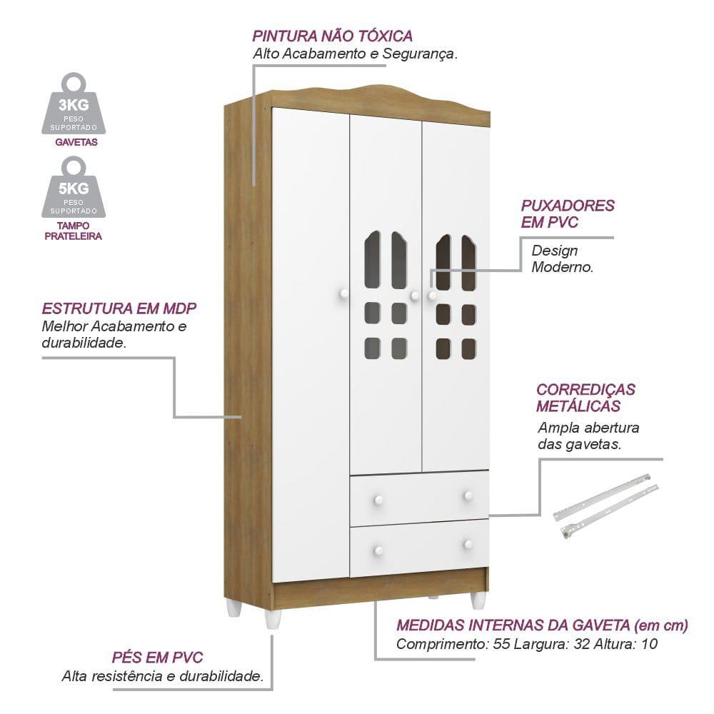 Guarda-Roupa Infantil Carolina Baby Eloa com 3 Portas, 2 Gavetas e 4 Prateleiras – 94cm de largura - 4