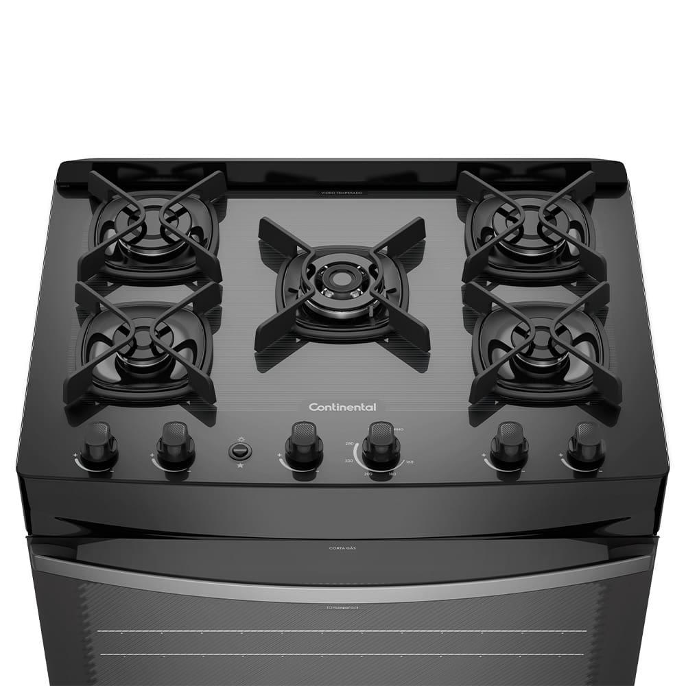 Fogão Continental 5 Bocas FC5GB Preto Mesa de Vidro Forno Eco Turbo Tripla Chama Bivolt - 5
