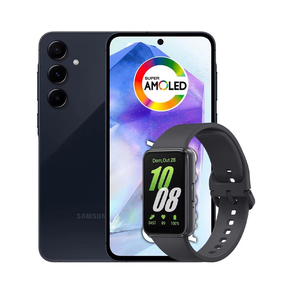 Smartphone Samsung Galaxy A55 5G 256GB Azul Escuro, 8GB RAM, Câmera Tripla Traseira de até 50MP e Tela Super AMOLED 6.6" + Galaxy Fit3 Grafite - 1