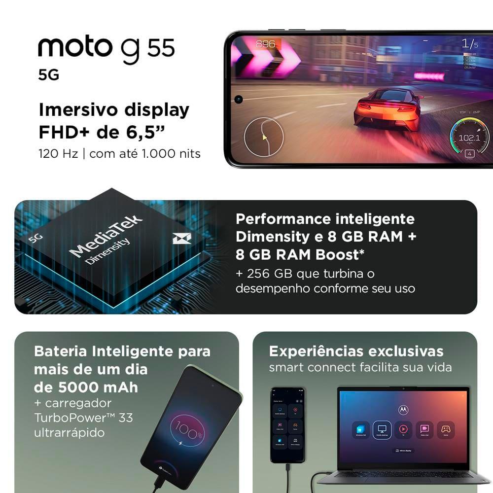 Smartphone Motorola Moto g55 5G Preto 256GB, 8GB RAM + 8GB RAM Boost, Câmera Traseira de até 50MP com AI, NFC e Tela 6.5" com Superbrilho - 8