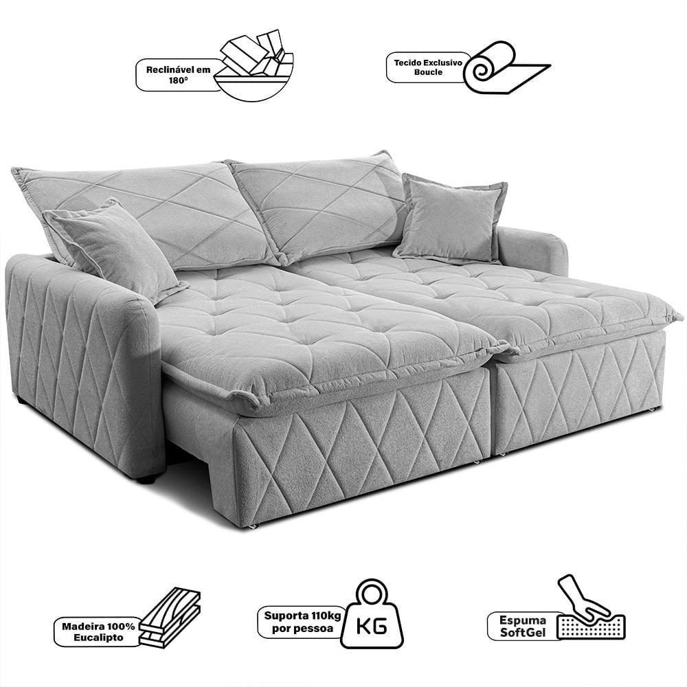 Sofá 3 lugares Cama inBox Sublime com Assento Retrátil e Encosto Reclinável em Boucle - 200cm de Largura - 5