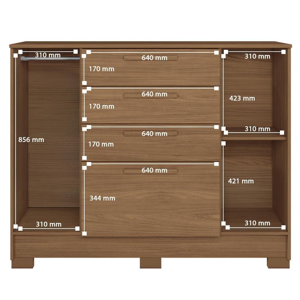 Cômoda Santos Andirá Pinhais com 2 Portas, 4 Gavetas, 1 Prateleira e 1 Cabideiro - 130,2cm de largura - 8