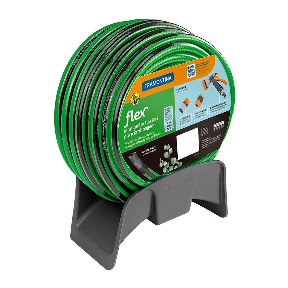 Mangueira Tramontina Flex para Jardim Verde com Faixa Preta em PVC 4 Camadas, Engate Rápido, Engate Rosqueado, Hidropistola e Suporte – 10 Metros - 1