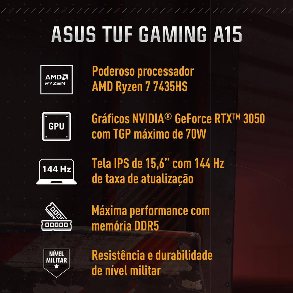Notebook Gamer 15,6” ASUS TUF A15 144Hz Ryzen 7 KeepOS 8GB RAM 512GB SSD Preto - 2