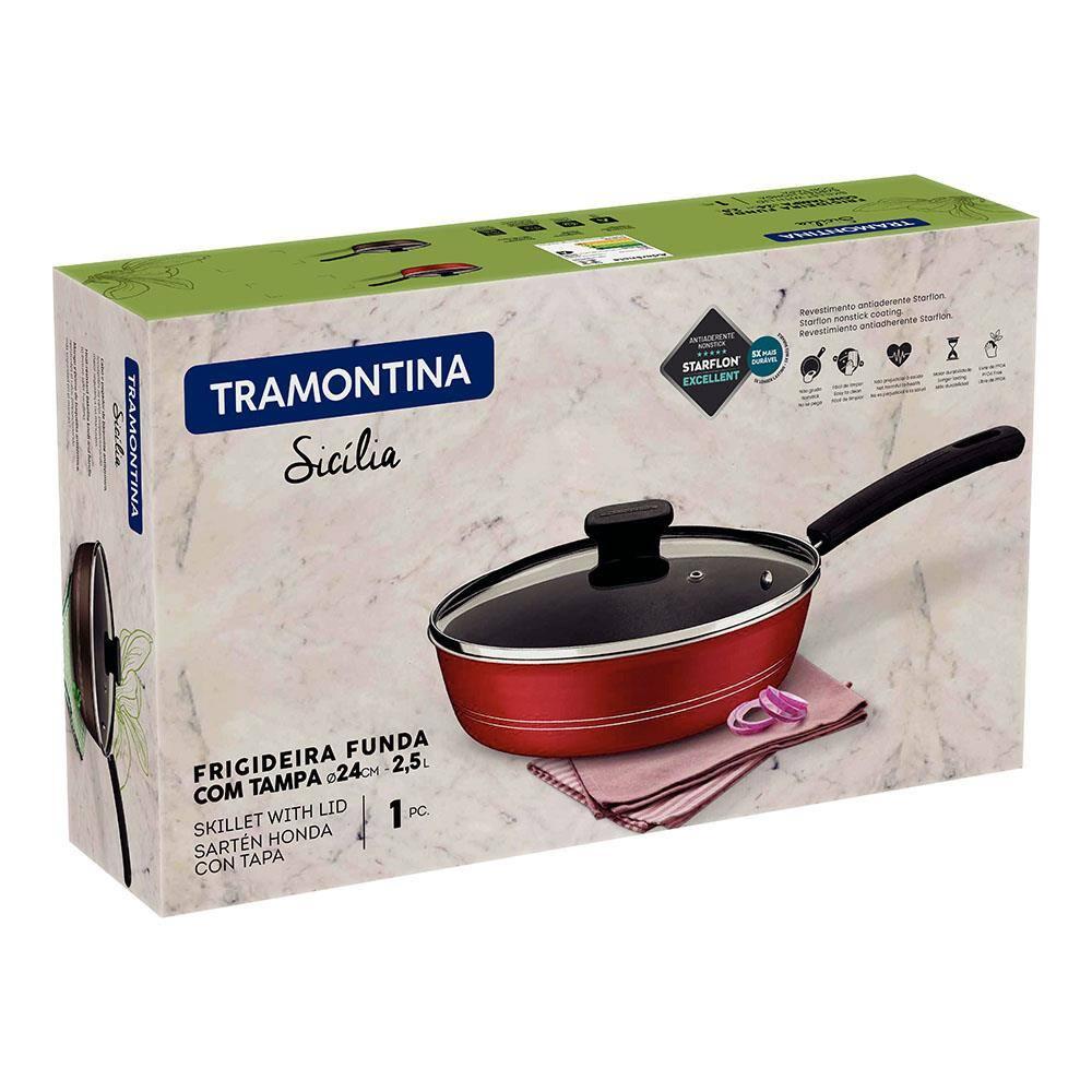 Frigideira Funda Tramontina Sicília em Alumínio com Tampa, Revestimento Interno e Externo em Antiaderente Starflon Excellent Vermelha - 24 cm - 2