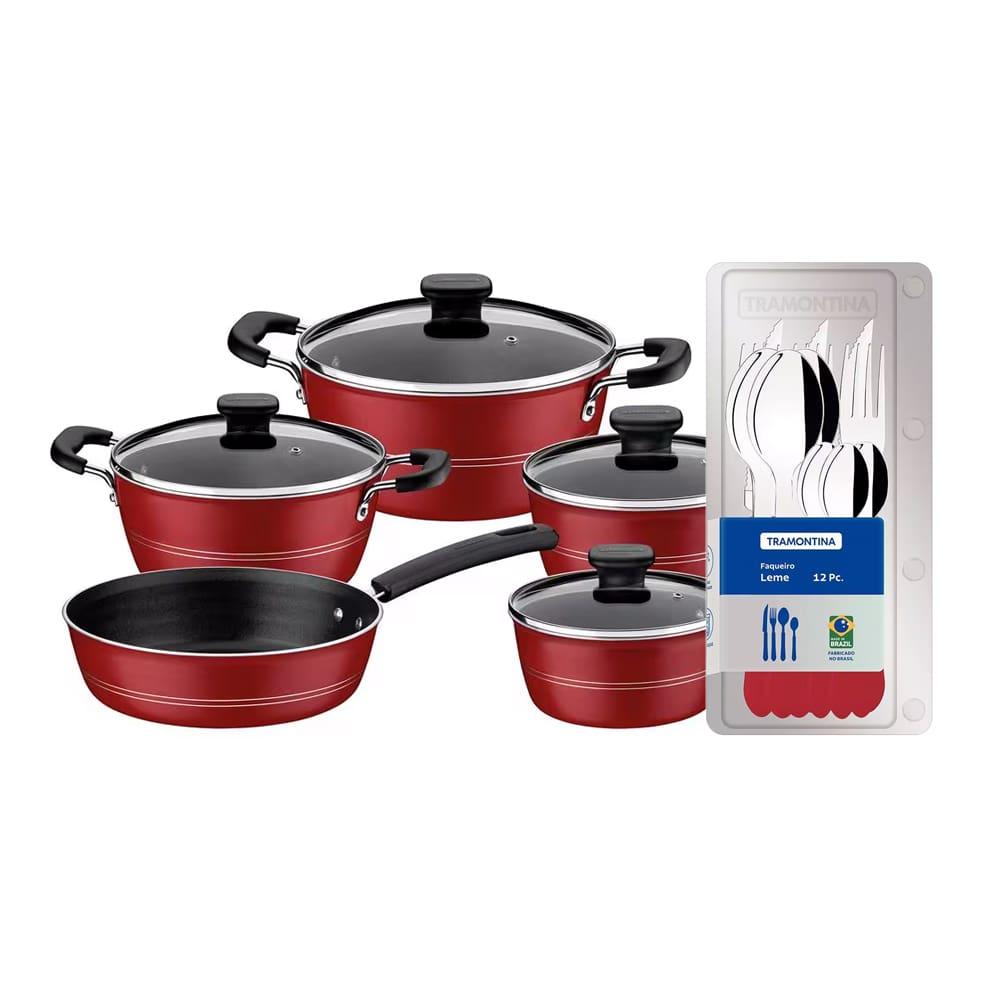 Conjunto de Panelas Tramontina Sicilia com Revestimento Starflon Excellent Vermelho – 5 Peças + Faqueiro 12 Peças Tramontina Leme - Vermelho - 1