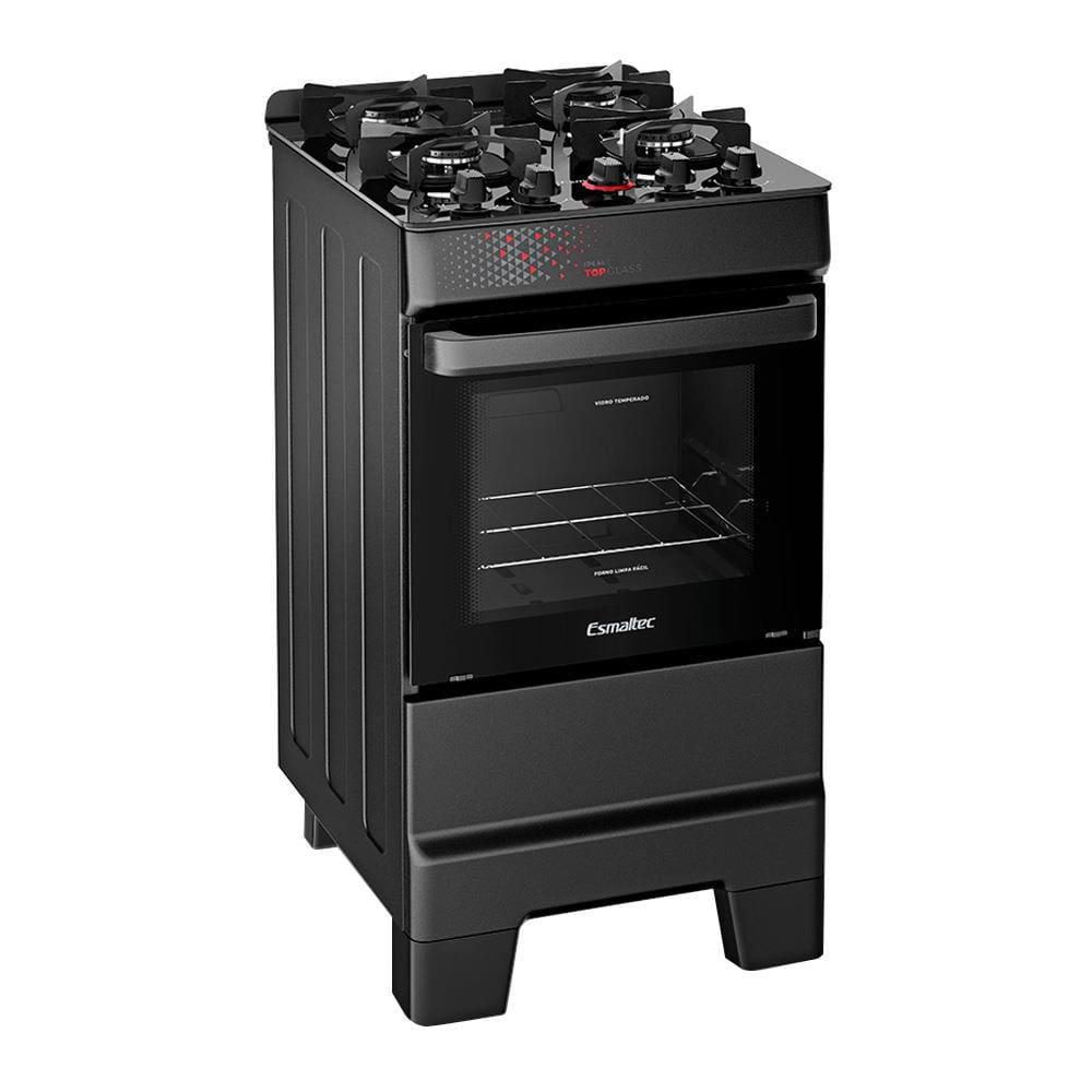 Fogão Esmaltec IDEAL Top Glass T4VAP Preto 4 Bocas com Mesa de Vidro e Acendimento Automático Forno 50L – Bivolt - 1