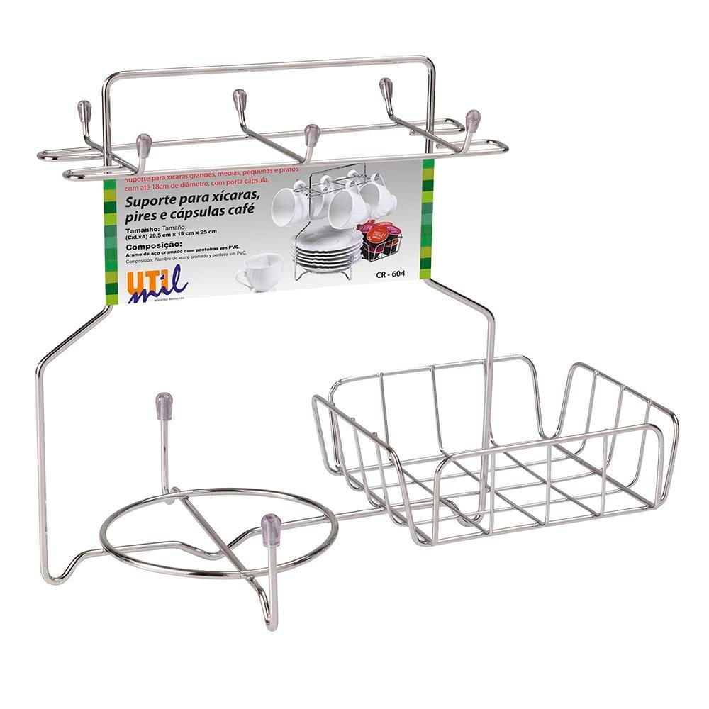 Suporte para Xícaras Pires Cápsulas Café Utimil Cromado com 6 Ganchos 25x19x29,5cm - 1