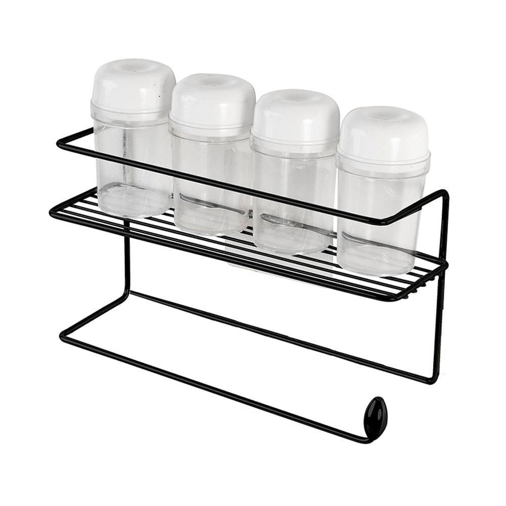 Suporte para Condimentos e Papel Toalha de Parede Utimil Pintura Epóxi Preto com 4 Potes, Fixação Adesiva e Design Compacto - 1