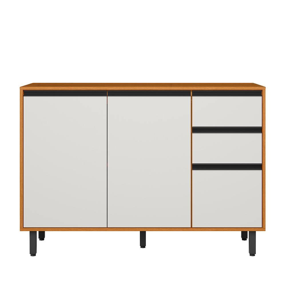 Balcão Poliman Ravena 120cm 3 Portas 2 Gavetas Tampo 15mm Puxadores Pretos Freijó Off White Acetinado - 1