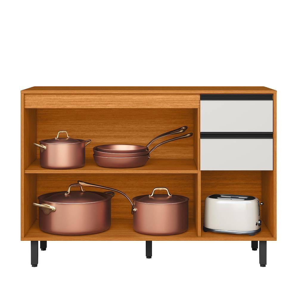 Balcão Poliman Ravena 120cm 3 Portas 2 Gavetas Tampo 15mm Puxadores Pretos Freijó Off White Acetinado - 2