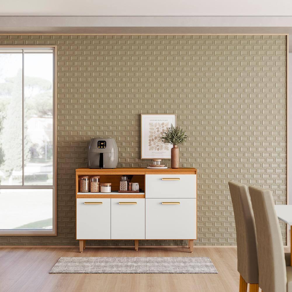 Balcão de Cozinha Poliman Sicília 120cm 3 Portas 1 Gaveta com Tampo Pés Reguláveis MDP Pintura UV Freijó Off White Acetinado - 1