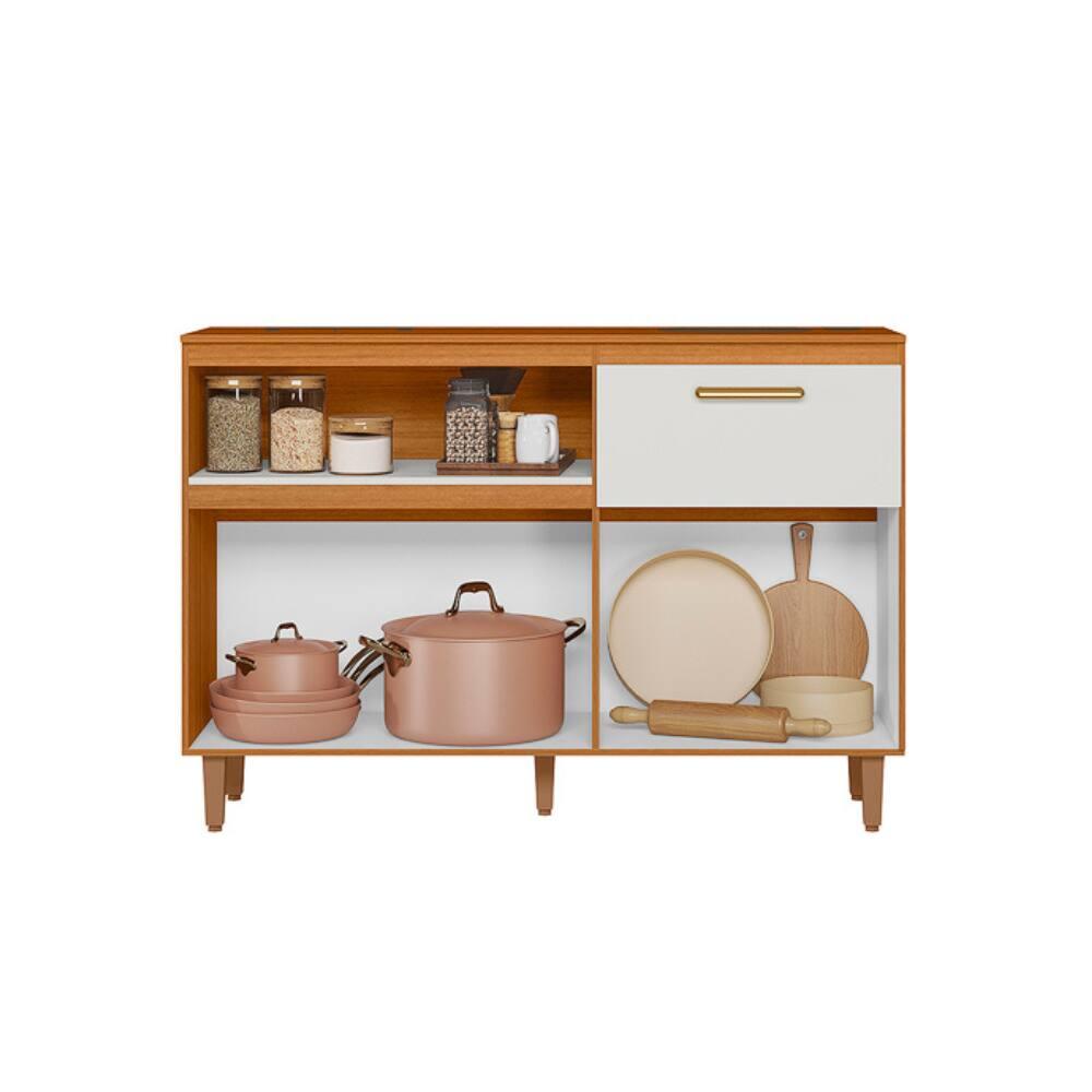 Balcão de Cozinha Poliman Sicília 120cm 3 Portas 1 Gaveta com Tampo Pés Reguláveis MDP Pintura UV Freijó Off White Acetinado - 3