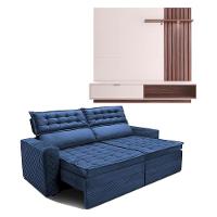 Painel Home Suspenso Colibri Tocantins Ideal para TV de até 60", Off White/Nogueira Real + Sofá 4 Lugares Cama inBox Cielo Retrátil - 230cm de largura - 1