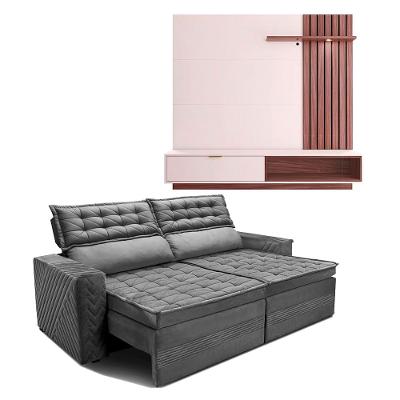 Painel Home Suspenso Colibri Tocantins Ideal para TV de até 60", Off White/Nogueira Real + Sofá 4 Lugares Cama inBox Cielo Retrátil - 230cm de largura