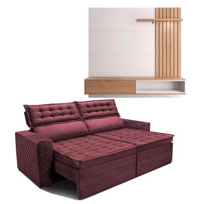 Painel Home Suspenso Colibri Tocantins Ideal para TV de até 60", Off White/Freijó + Sofá 4 Lugares Cama inBox Cielo Retrátil - 230cm de largura