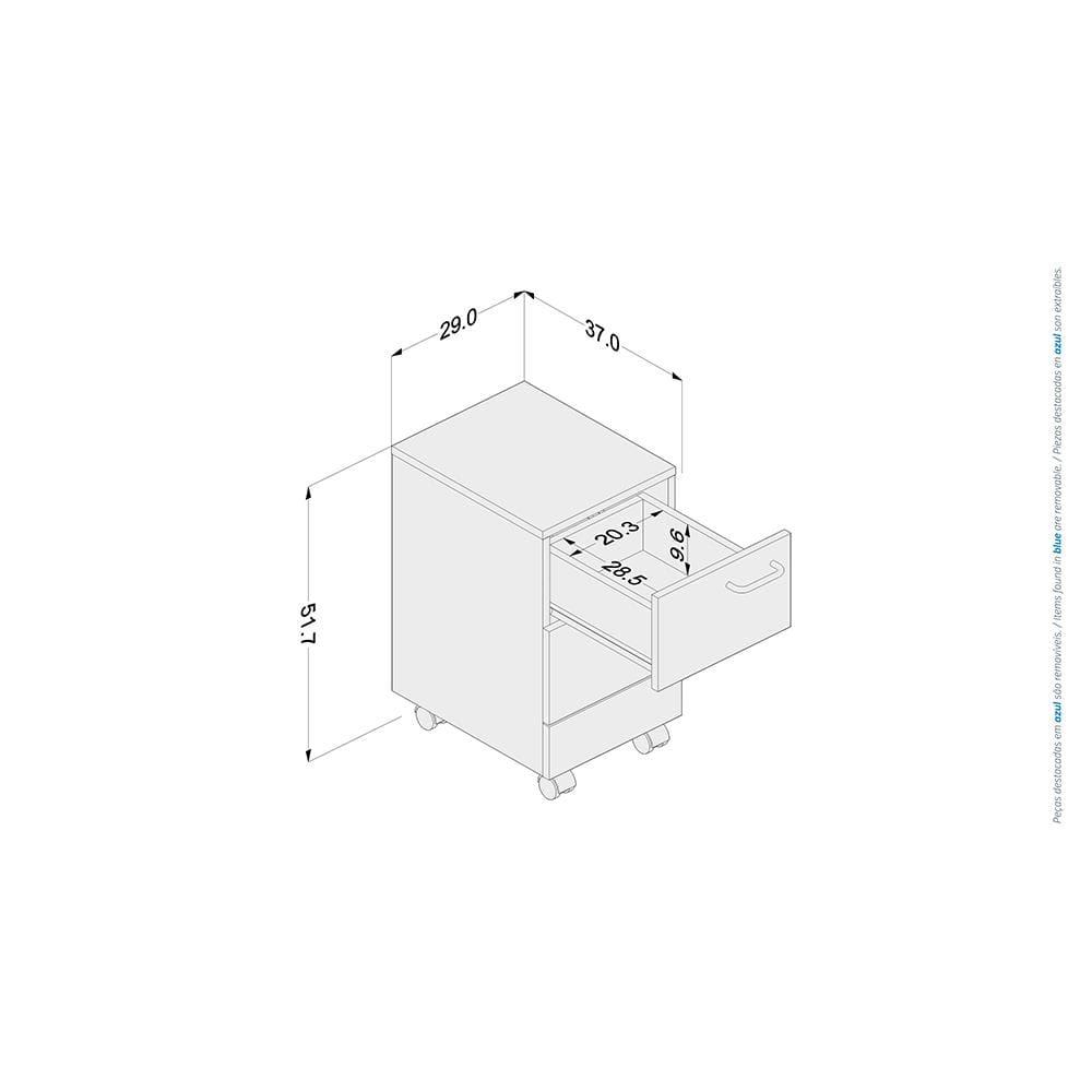 Gaveteiro Politorno Osaka 2 Gavetas com Rodízios 51cm Compacto Vertical MDP - 6