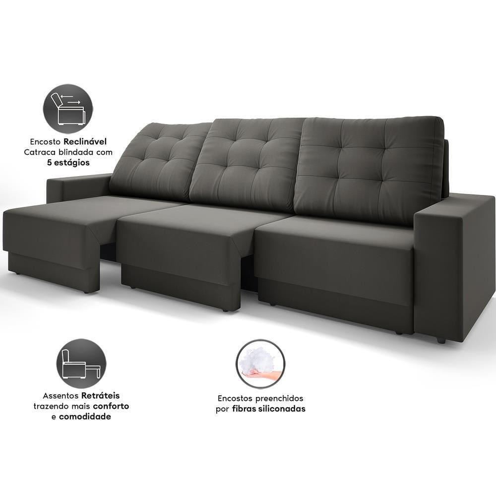 Sofá Retrátil 4 Lugares DDS Boston 230cm Velosuede Encosto Reclinável Braço Removível - 4
