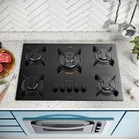 Cooktop a Gás Atlas U Top 5 Bocas Tripla Chama Mesa de Vidro Preto Bivolt