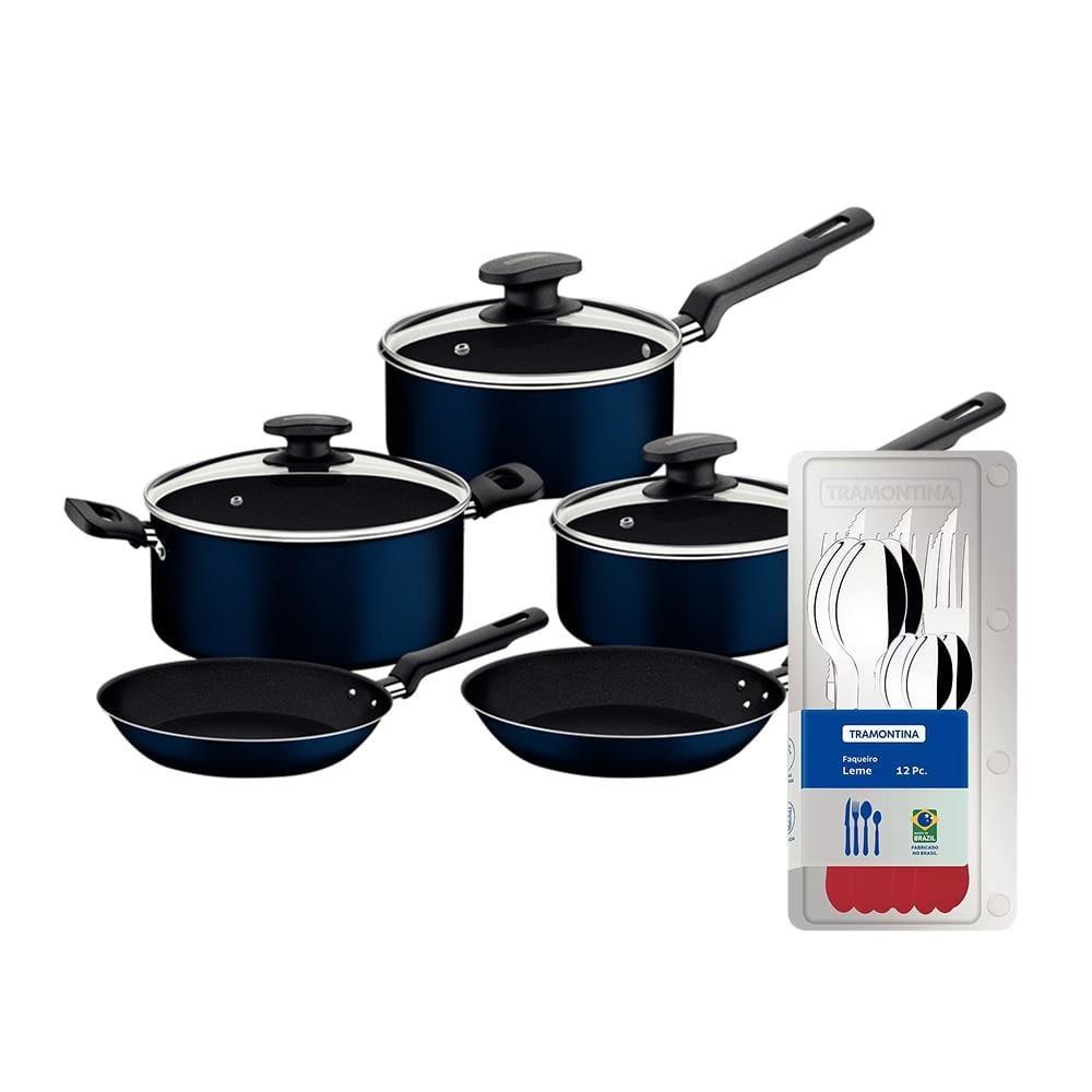 Conjunto de Panelas 5 Peças Tramontina Ravena Starflon Max Azul + Faqueiro 12 Peças Tramontina Leme Vermelho - 1