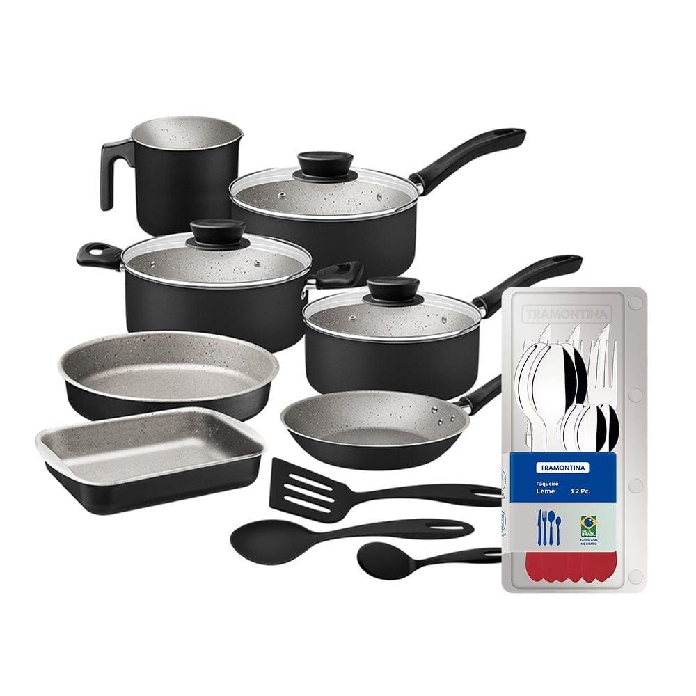 Conjunto de Panelas 10 Peças Tramontina Linz Starflon Max Preto + Faqueiro 12 Peças Tramontina Leme Vermelho - 1