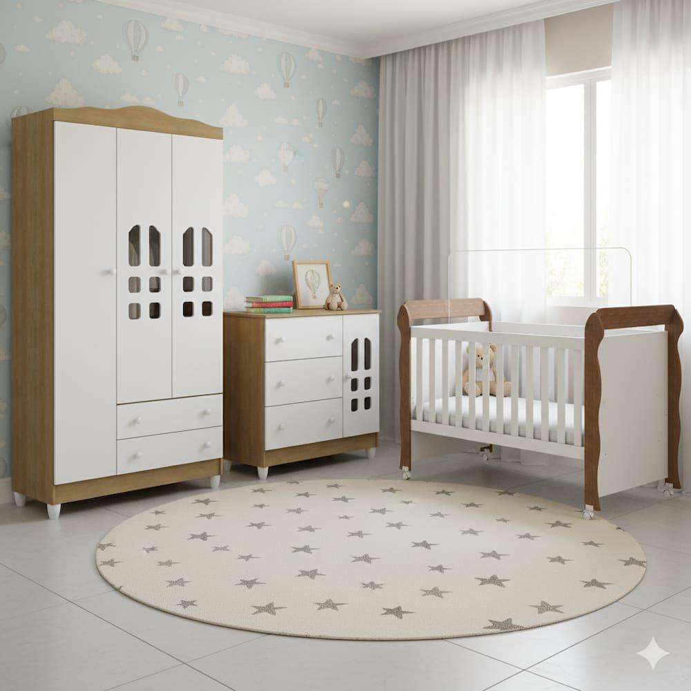 Quarto de Bebê Completo Carolina Baby com Berço Mini-Cama Mirelle Cômoda Eloá e Guarda-Roupa Eloá - 1