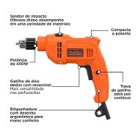 Furadeira de Impacto Black+Decker BED710450 3/8” 450W Empunhadura Ergonômica Gatilho Anatômico Laranja e Preta