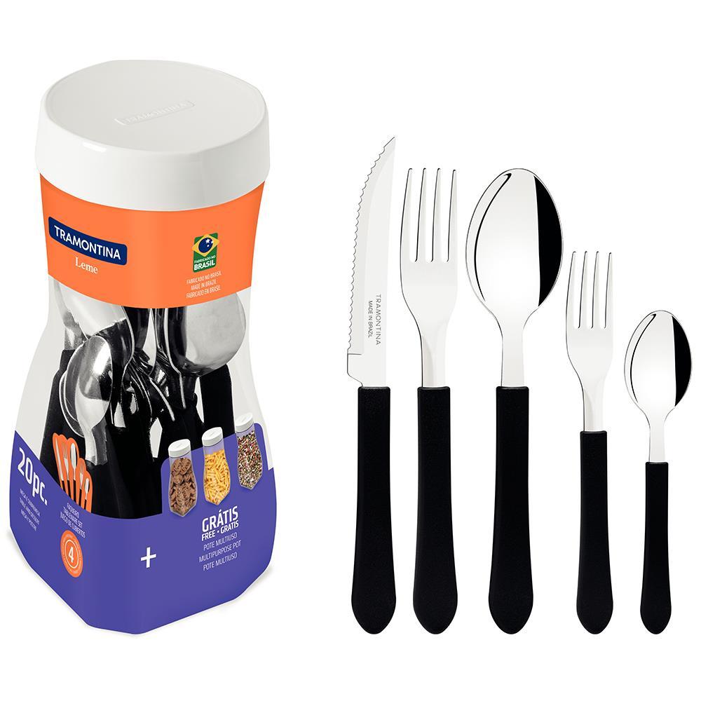 Faqueiro 20 Peças Tramontina Leme em Aço Inox e Polipropileno com Pote Multiuso – Preto - 1