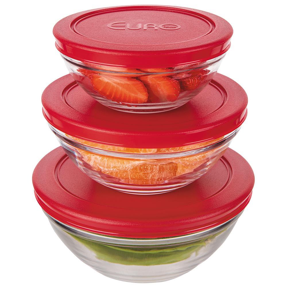 Conjunto de Potes Redondos 3 Peças Euro Home em Vidro com Tampa em Polietileno – Transparente/Vermelho - 1