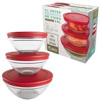 Conjunto de Potes Redondos 3 Peças Euro Home em Vidro com Tampa em Polietileno – Transparente/Vermelho - 3