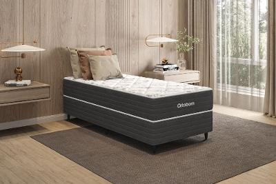 Conjunto Cama Box Solteiro Ortobom Mônaco Molas Ensacadas SuperPocket e Base Império Cinza Chumbo