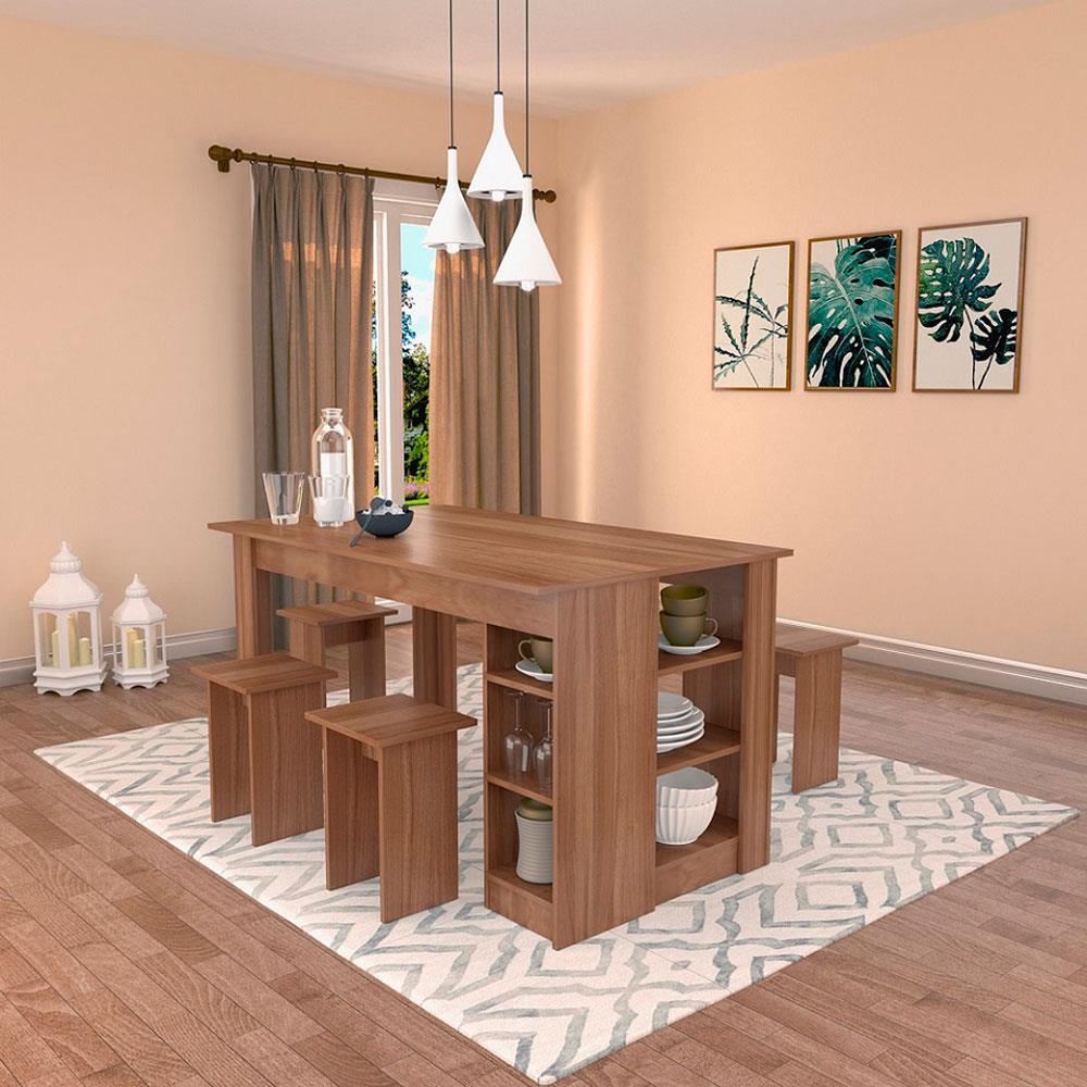 Mesa Retangular Nova Móbile Multi com 4 Bancos, Nicho e Prateleira - 1