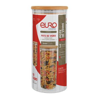 Pote Redondo Canelado Euro Home 1,2L Vidro com Tampa de Bambu Slim