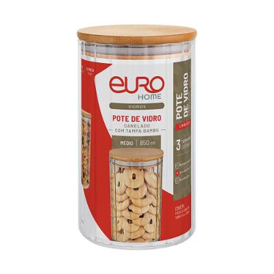 Pote Redondo Canelado Euro Home 850ml Vidro com Tampa de Bambu Slim
