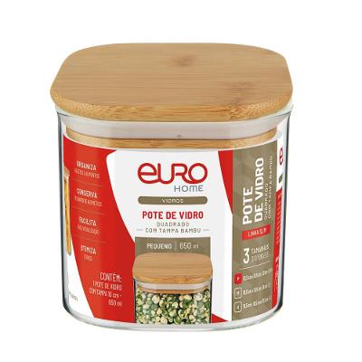 Pote Quadrado Slim Euro Home Vidro Borossilicato com Tampa de Bambu 650?ml