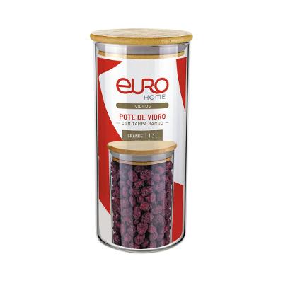 Pote de Vidro Euro Home Slim 1,3L com Tampa de Bambu Hermético