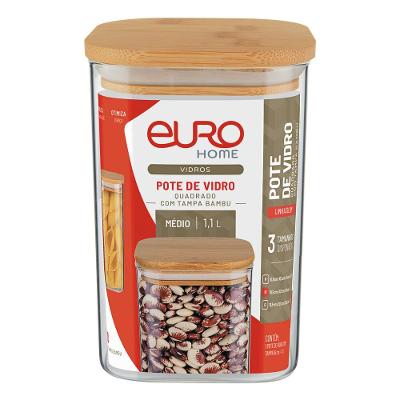 Pote Quadrado Slim Euro Home Vidro Borossilicato com Tampa de Bambu 1,1?L