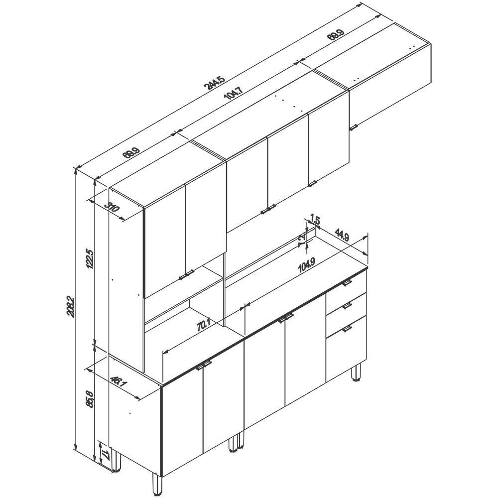 Cozinha Completa Bartira Joy com 11 Portas, 2 Gavetas, 5 Prateleiras e Nicho para Micro-ondas - 244,5cm de largura - 9