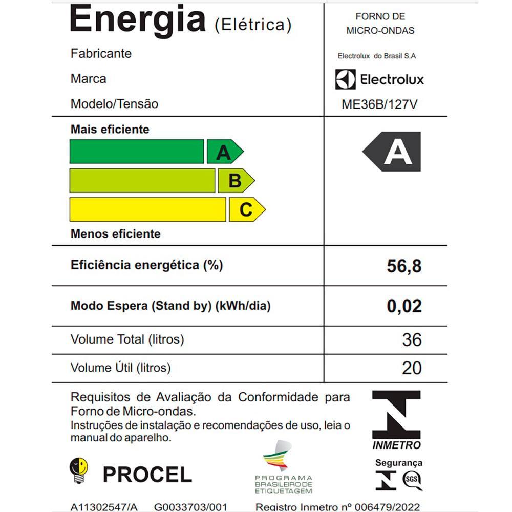 Forno de Micro-ondas Electrolux Efficient ME36B Funções Fermentar e Manter Aquecido Branco 36 L - 10