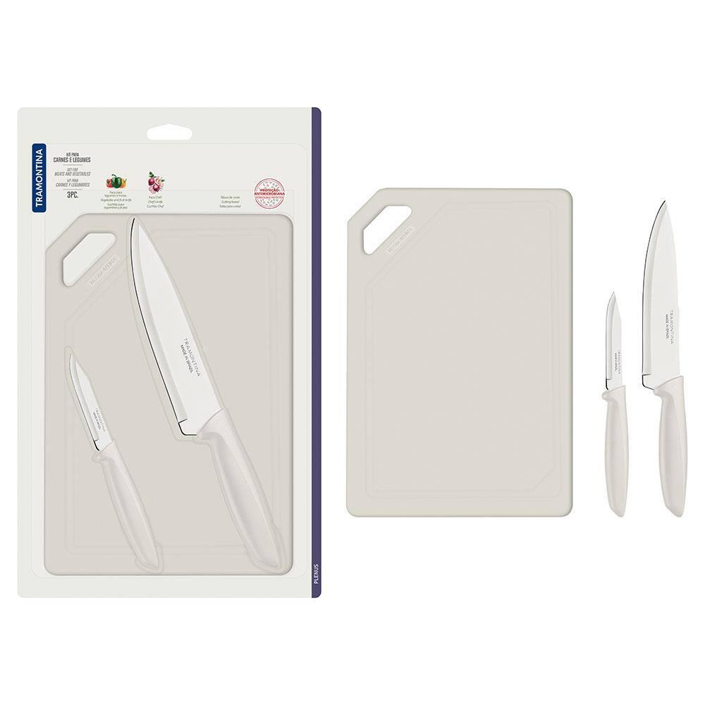 Conjunto de Facas e Tábua de Corte Tramontina Plenus em Aço Inoxidável - Off-White - 3 Peças - 1