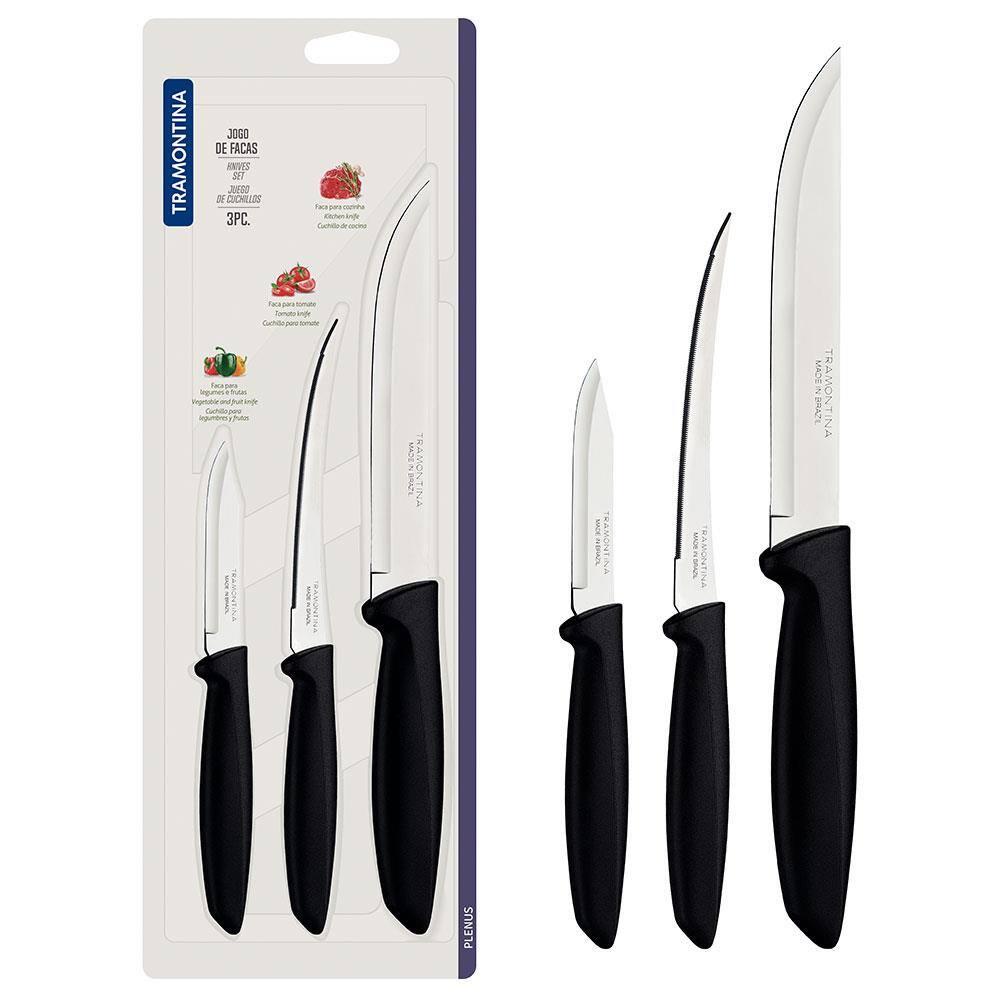 Conjunto de Facas Tramontina Plenus em Aço Inox - Preto - 3 Peças - 1