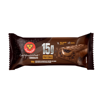 Barra de Proteína Cappuccino Chocolate 3 Corações – 15g de Proteína