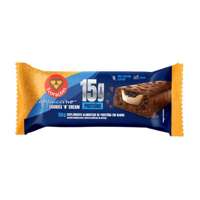 Barra de Proteína Cappuccino Cookies'n Cream 3 Corações – 15g de Proteína