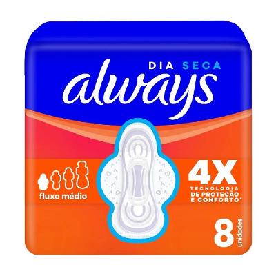 Absorvente Always Dia Seca Com Abas Fluxo Médio 8 Unidades