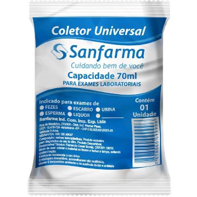 Pote Coletor Universal Para Exame Sanfarma 70ml Sem Caixa