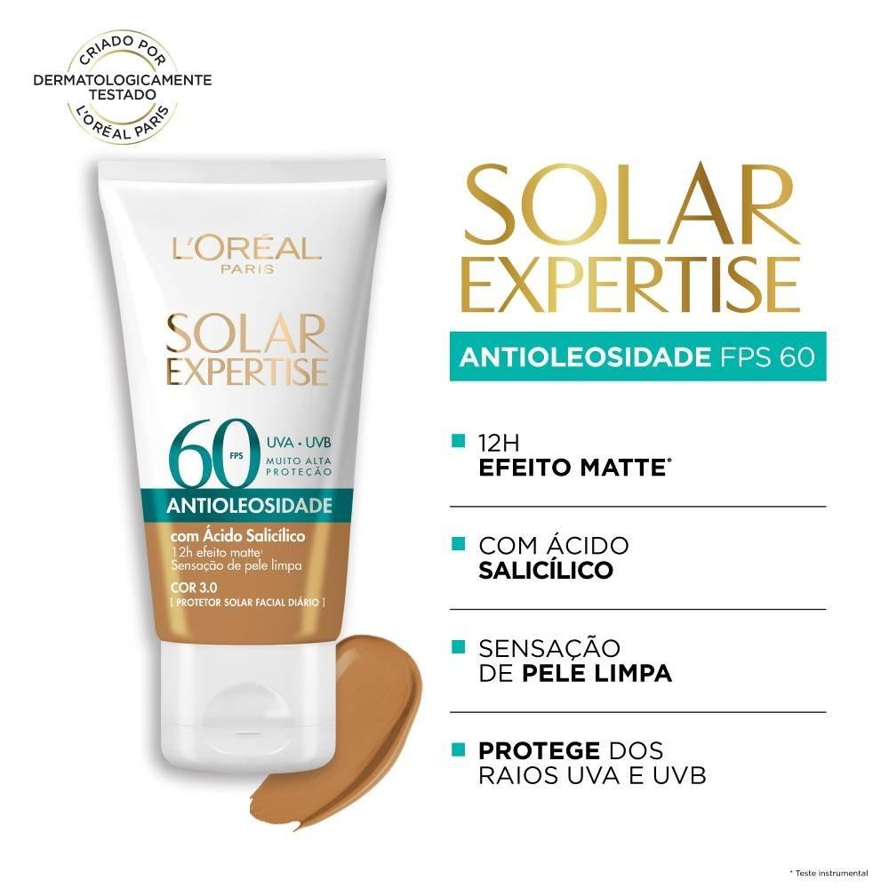 Protetor Solar Facial Loréal Paris Solar Expertise Antioleosidade Fps60 Cor 3.0 Média 40g - 2