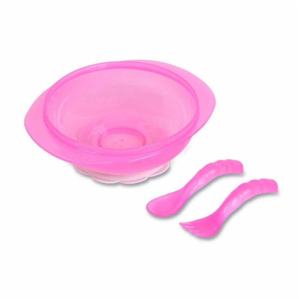 Kit Prato Bowl Babygo Com Ventosa E Talheres (garfo E Colher) Rosa - 1