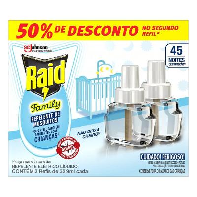 Refil Repelente Eletrico Raid Family 45 Noites Com 2 Unidades 32,9ml Cada