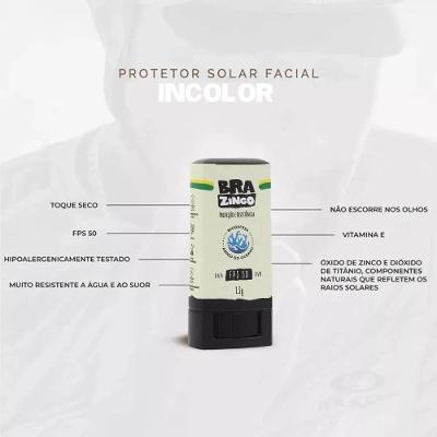 Protetor Solar Facial Stick Brazinco Incolor Fps50 13g