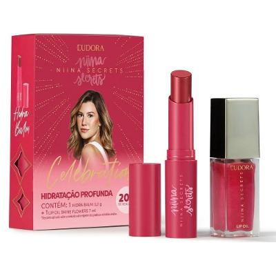 Kit Hidratação Labial Niina Secrets Celebration Hidra Balm 3,2g E Lip Oil Shine Flowers 7ml